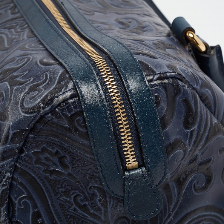 Pre Owned Etro Blue/Black Paisley Embossed Leather Front Pocket Boston Bag 