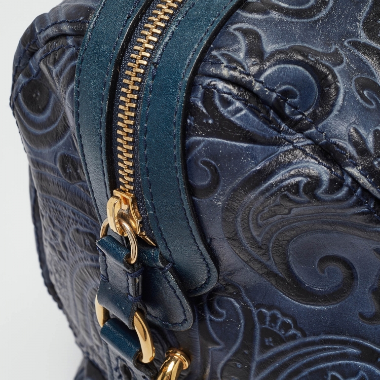 Pre Owned Etro Blue/Black Paisley Embossed Leather Front Pocket Boston Bag 