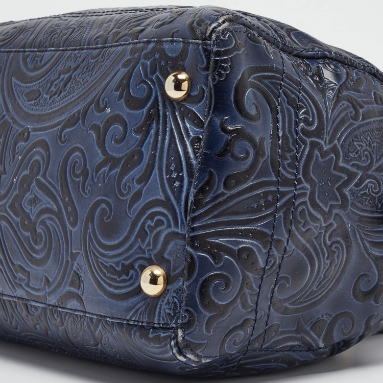 Pre Owned Etro Blue/Black Paisley Embossed Leather Front Pocket Boston Bag 