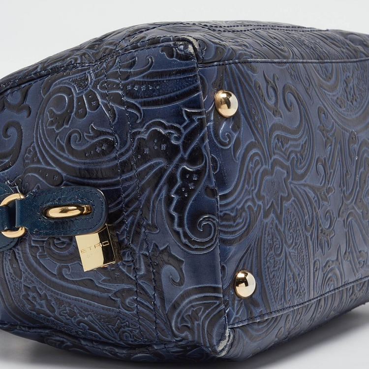 Pre Owned Etro Blue/Black Paisley Embossed Leather Front Pocket Boston Bag 