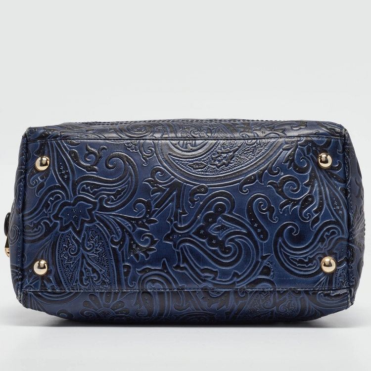 Pre Owned Etro Blue/Black Paisley Embossed Leather Front Pocket Boston Bag 