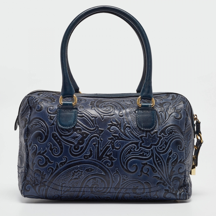 Pre Owned Etro Blue/Black Paisley Embossed Leather Front Pocket Boston Bag 