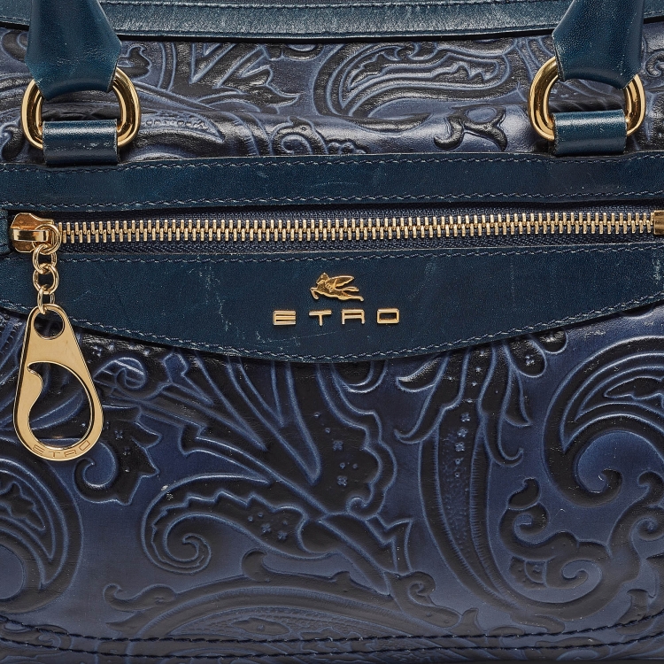 Pre Owned Etro Blue/Black Paisley Embossed Leather Front Pocket Boston Bag 
