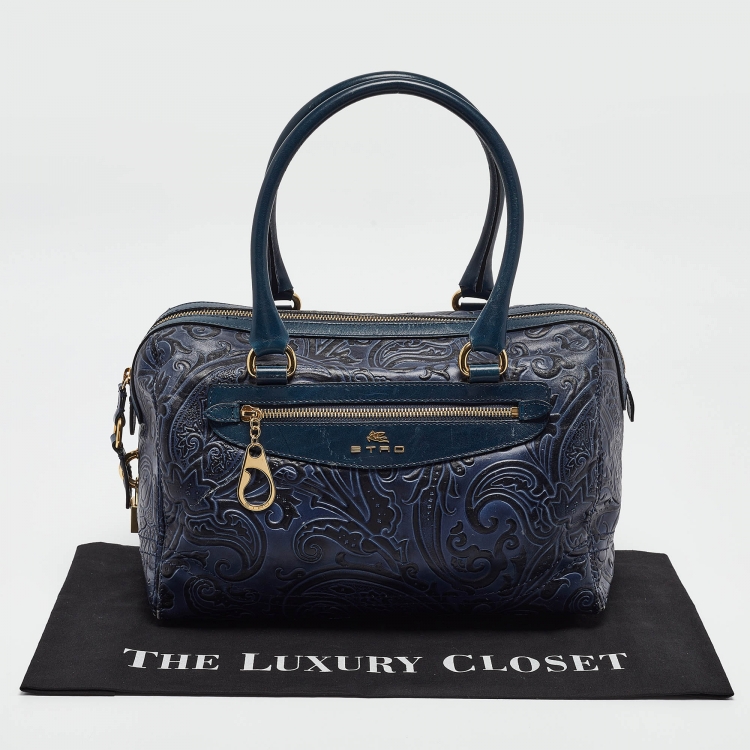 Pre Owned Etro Blue/Black Paisley Embossed Leather Front Pocket Boston Bag 