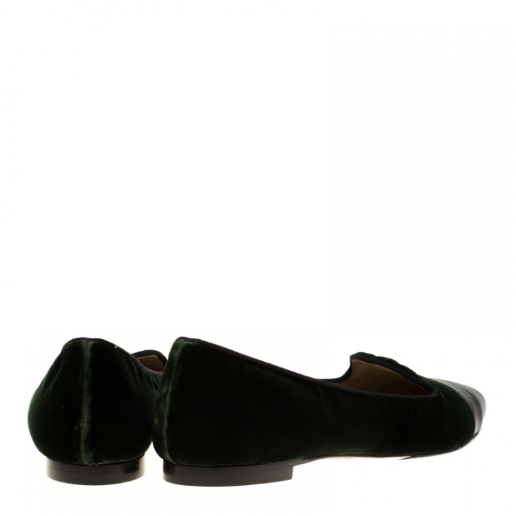 Pre Owned Etro Dark Green Velvet And Black Quilted Leather Pointed Cap Toe Smoking Slipper Size 40