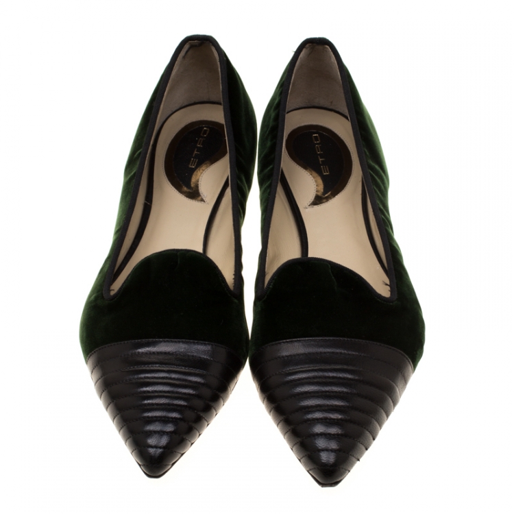 Pre Owned Etro Dark Green Velvet And Black Quilted Leather Pointed Cap Toe Smoking Slipper Size 40