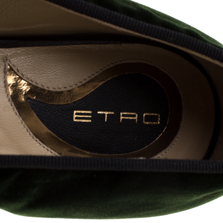 Pre Owned Etro Dark Green Velvet And Black Quilted Leather Pointed Cap Toe Smoking Slipper Size 40