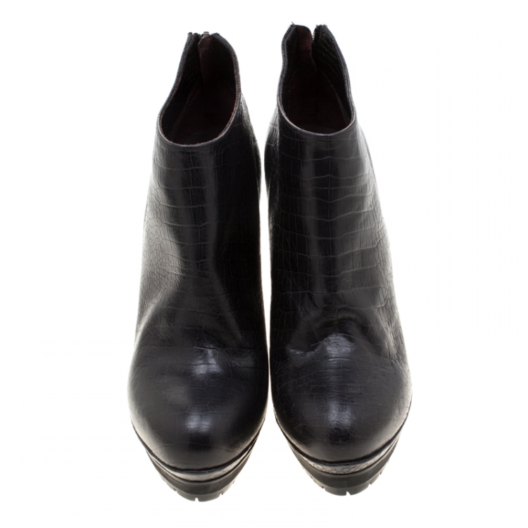 Pre Owned Etro Black Embossed Leather Ankle Platform Boots Size 40