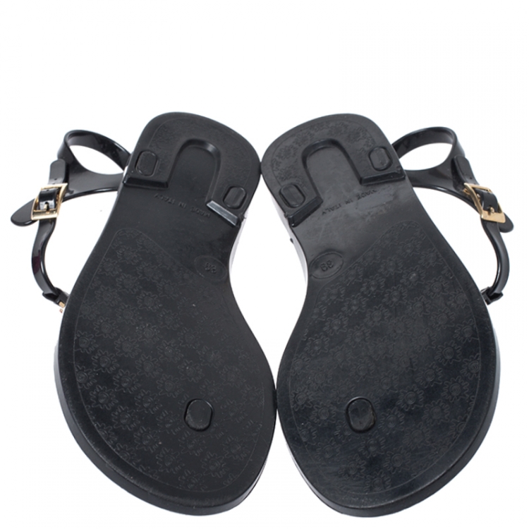 Pre Owned  Etro Black Jelly Multicolor Metal Logo Embellished Thong Flats Size 39