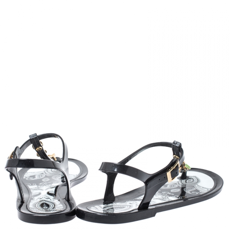 Pre Owned  Etro Black Jelly Multicolor Metal Logo Embellished Thong Flats Size 39