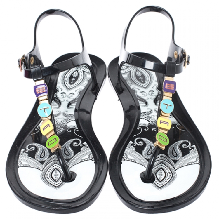 Pre Owned  Etro Black Jelly Multicolor Metal Logo Embellished Thong Flats Size 39