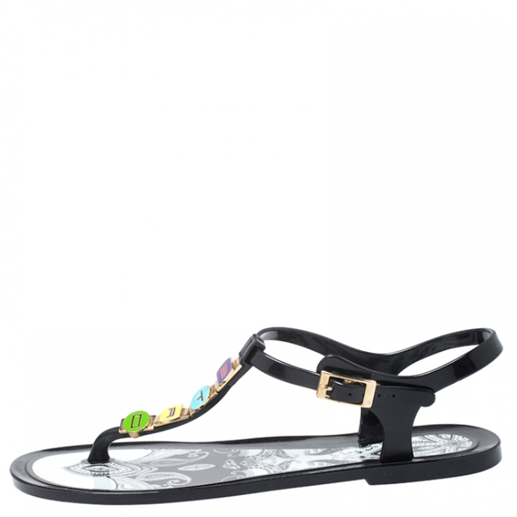 Pre Owned  Etro Black Jelly Multicolor Metal Logo Embellished Thong Flats Size 39