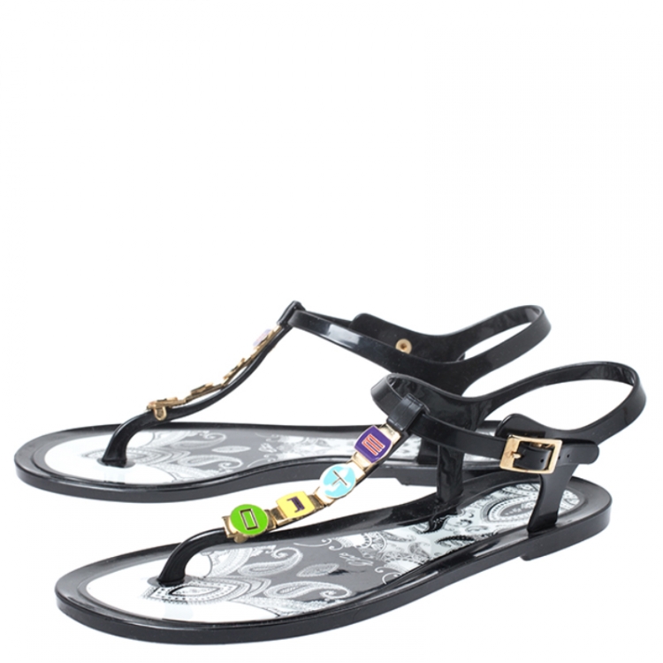 Pre Owned  Etro Black Jelly Multicolor Metal Logo Embellished Thong Flats Size 39
