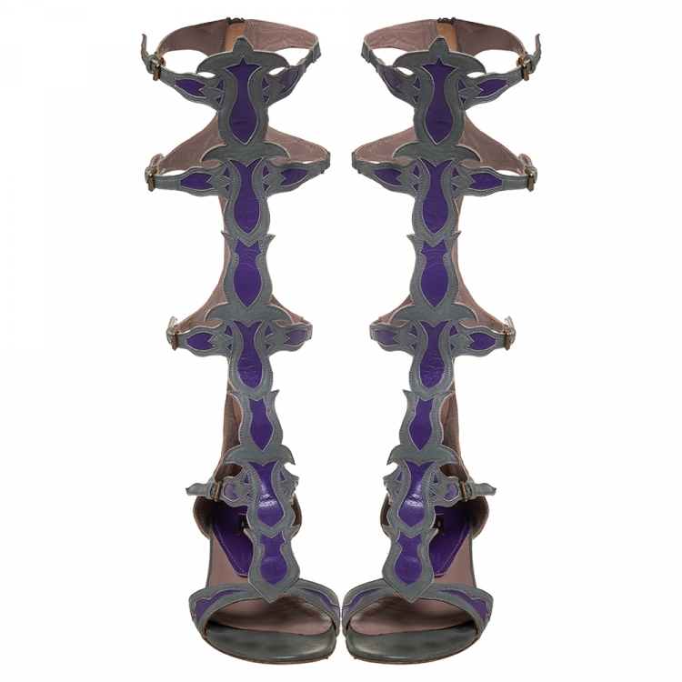 Pre Owned Etro Grey/Purple Leather Flat Gladiator Sandals Size 38