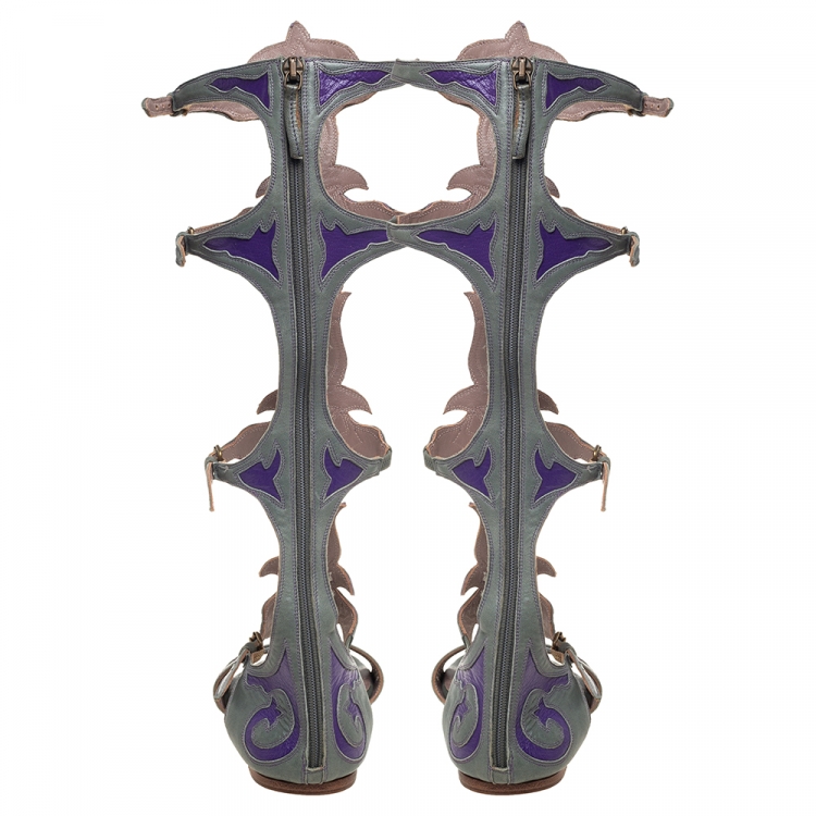 Pre Owned Etro Grey/Purple Leather Flat Gladiator Sandals Size 38