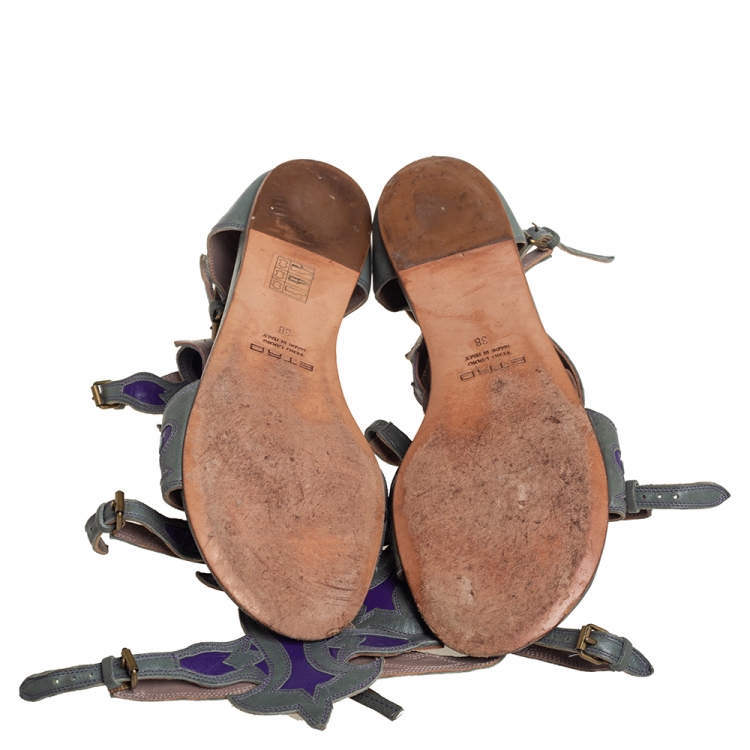 Pre Owned Etro Grey/Purple Leather Flat Gladiator Sandals Size 38