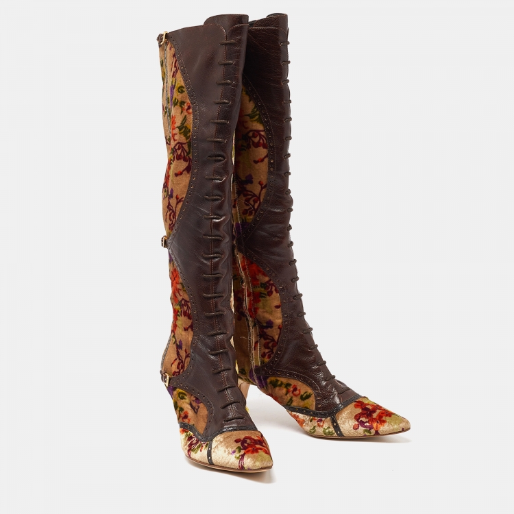 Pre Owned Etro Multicolor Leather and Floral Printed Velvet Knee Length Boots Size 39.5