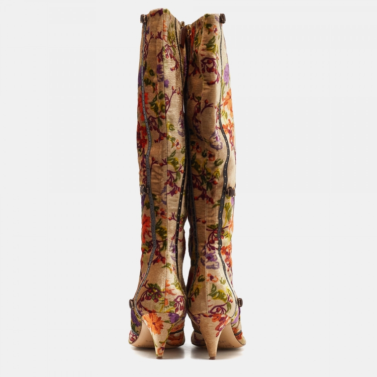 Pre Owned Etro Multicolor Leather and Floral Printed Velvet Knee Length Boots Size 39.5