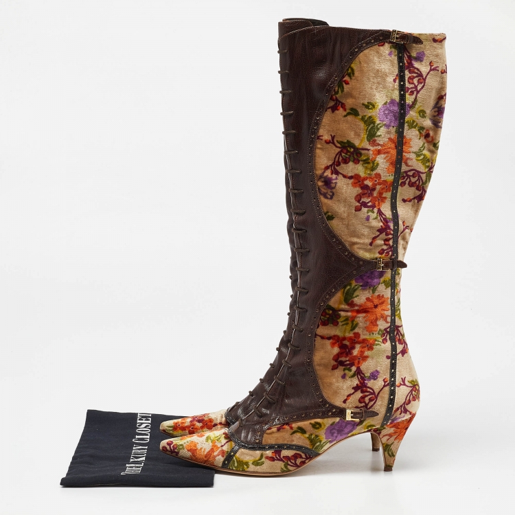 Pre Owned Etro Multicolor Leather and Floral Printed Velvet Knee Length Boots Size 39.5