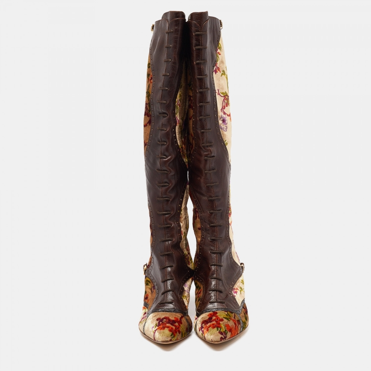 Pre Owned Etro Multicolor Leather and Floral Printed Velvet Knee Length Boots Size 39.5