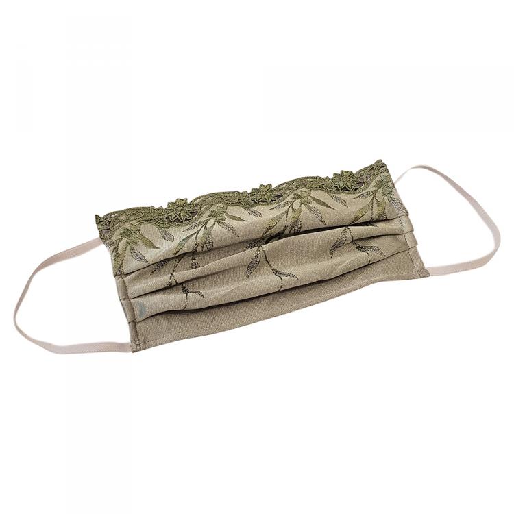 Pre Owned Non-Medical Handmade Olive Green Embroidered Lace and Cotton Face Mask - Pack Of 5 (Available for UAE Customers Only) 