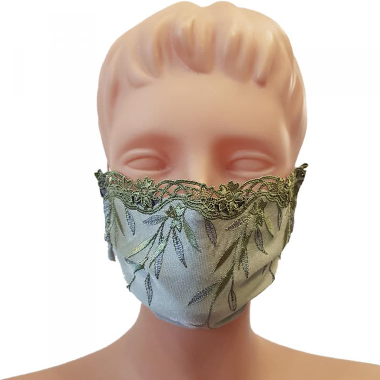Pre Owned Non-Medical Handmade Olive Green Embroidered Lace and Cotton Face Mask - Pack Of 5 (Available for UAE Customers Only) 