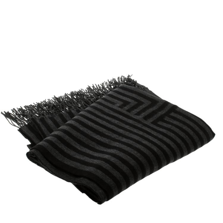 Pre Owned Fendi Black and Grey Silk Logo Detail Shawl