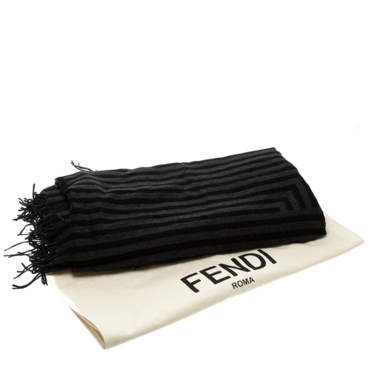 Pre Owned Fendi Black and Grey Silk Logo Detail Shawl