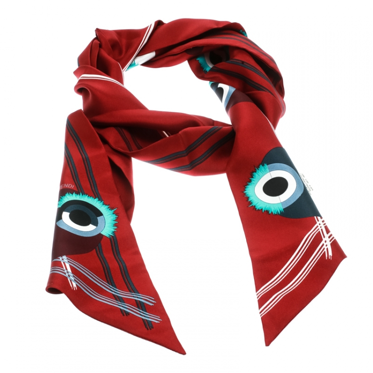 Pre Owned Fendi Red Monster Print Silk Maxi Wrappy Scarf