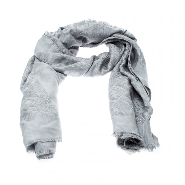 Pre Owned Fendi Rayy Grey Signature FF Pattern Silk Jacquard Fringed Edge Scarf