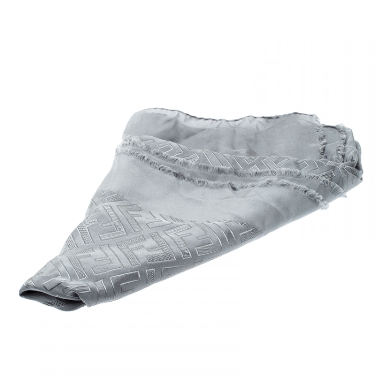 Pre Owned Fendi Rayy Grey Signature FF Pattern Silk Jacquard Fringed Edge Scarf