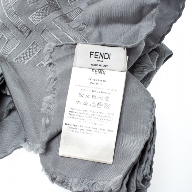 Pre Owned Fendi Rayy Grey Signature FF Pattern Silk Jacquard Fringed Edge Scarf