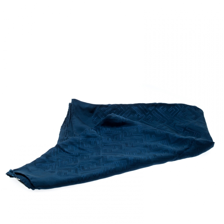 Pre Owned Fendi Bluebird Signature FF Pattern Silk Jacquard Fringed Edge Scarf