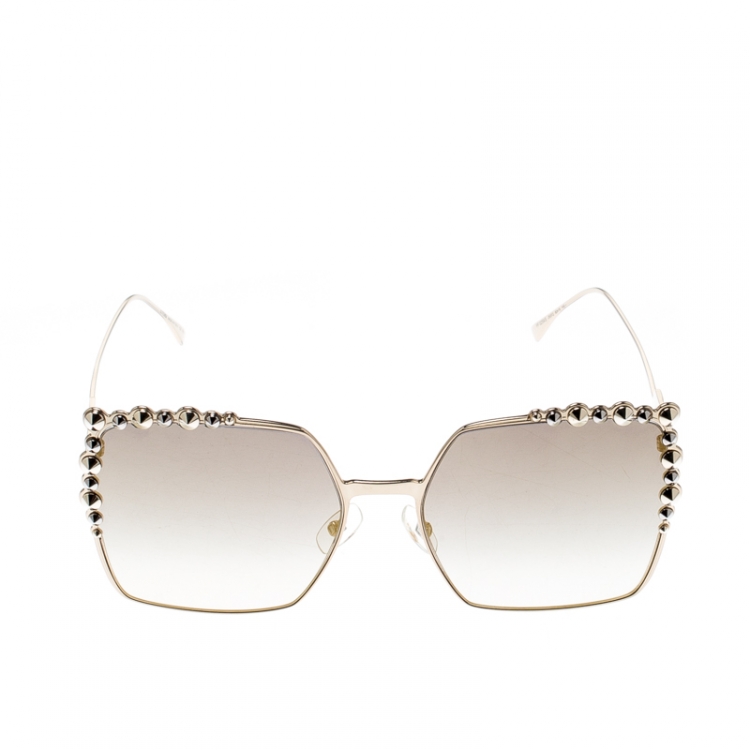 Fendi Gold/Black Gradient Gold Mirrored FF0259/S Studded Square Cat Eye Sunglasses  Fendi