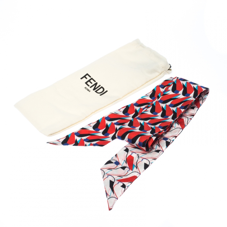 Pre Owned Fendi Mulitcolor Abstract Bird Print Silk Creatures Avorio Bandeau Scarf