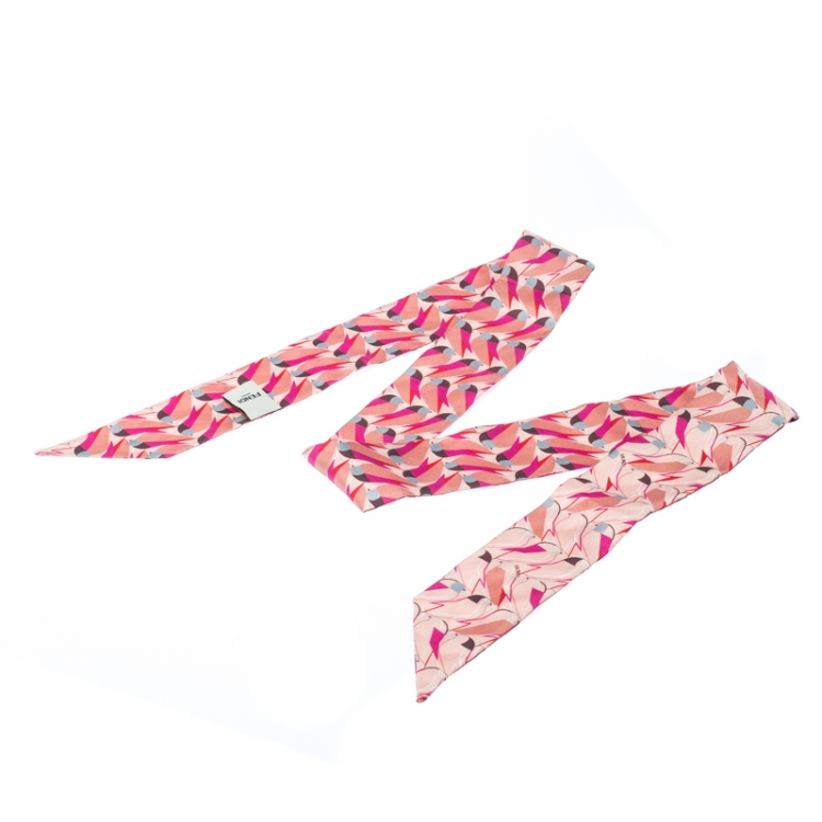 Pre Owned Fendi Pink Abstract Bird Print Silk Creatures Cipria Bandeau Scarf