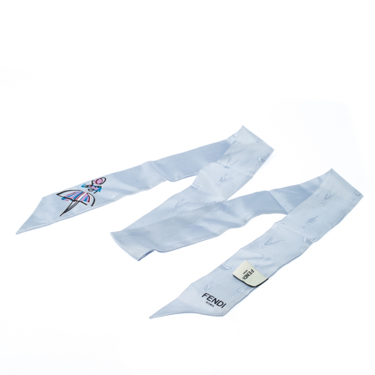 Pre Owned Fendi Blue Silk Jacquard Bamboline Artico Bandeau Scarf