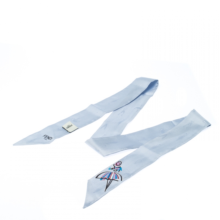 Pre Owned Fendi Blue Silk Jacquard Bamboline Artico Bandeau Scarf