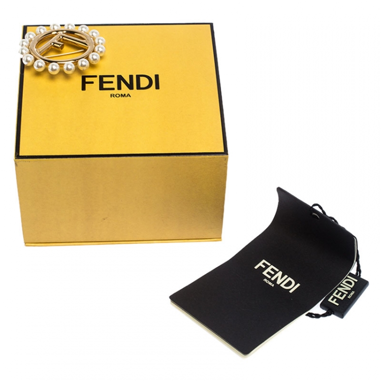 Pre Owned Fendi Faux Pearl Gold Tone Pin Brooch