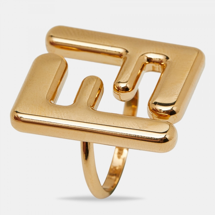 Pre Owned Fendi FF Gold Tone Ring Size 55
