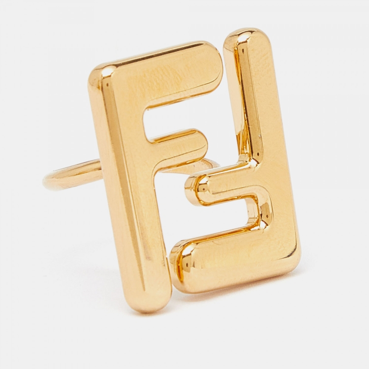 Pre Owned Fendi FF Gold Tone Ring Size 55