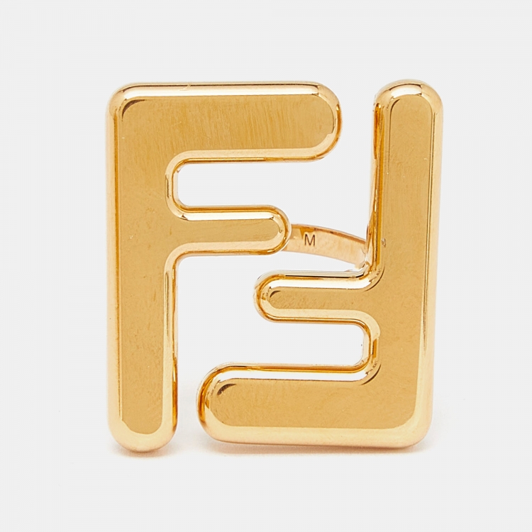 Pre Owned Fendi FF Gold Tone Ring Size 55