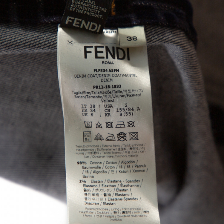 Pre Owned Fendi Blue Zucca Flock Printed Denim Belted Trench Coat S