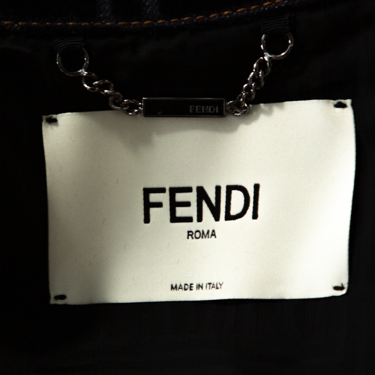Pre Owned Fendi Blue Zucca Flock Printed Denim Belted Trench Coat S