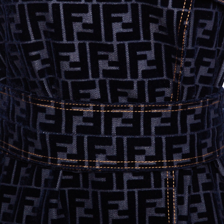 Pre Owned Fendi Blue Zucca Flock Printed Denim Belted Trench Coat S