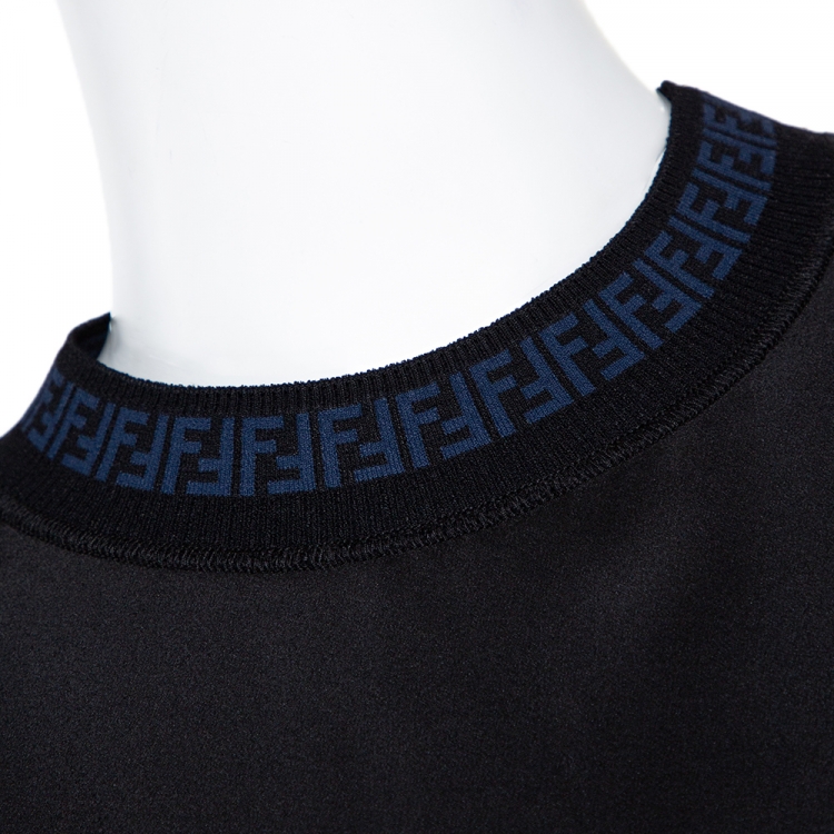 Pre Owned Fendi Black Silk Ribbed Logo Neck Trim Detail Top S