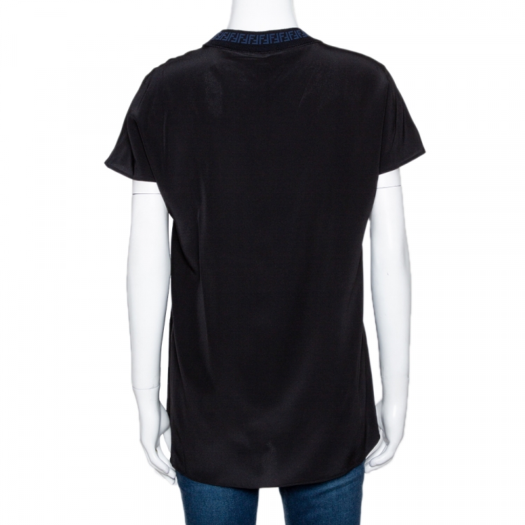 Pre Owned Fendi Black Silk Ribbed Logo Neck Trim Detail Top S