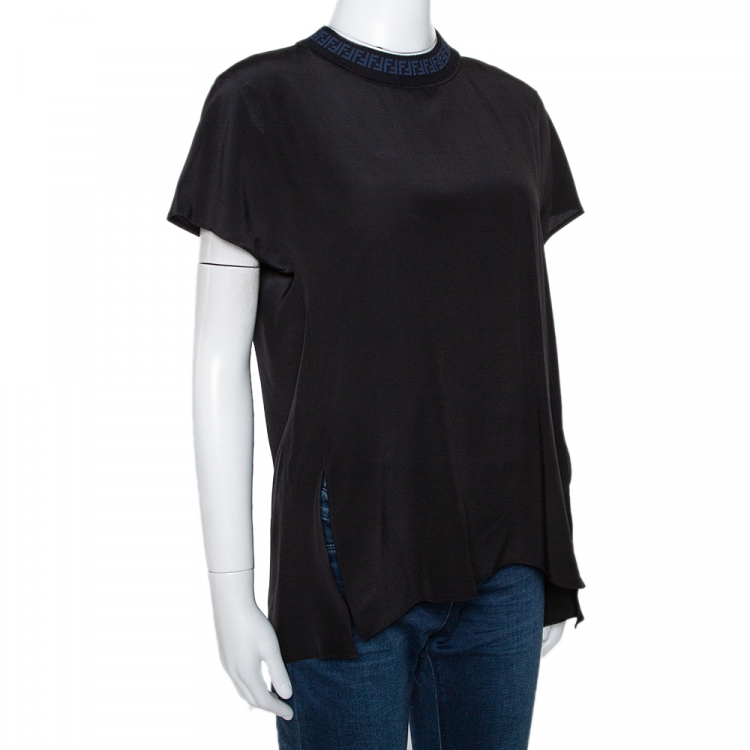 Pre Owned Fendi Black Silk Ribbed Logo Neck Trim Detail Top S