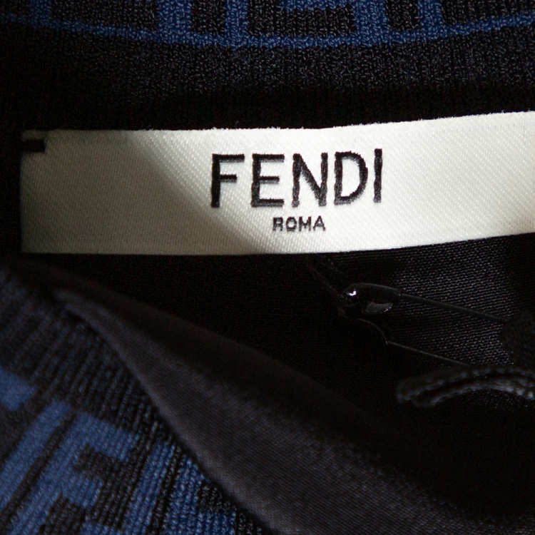 Pre Owned Fendi Black Silk Ribbed Logo Neck Trim Detail Top S