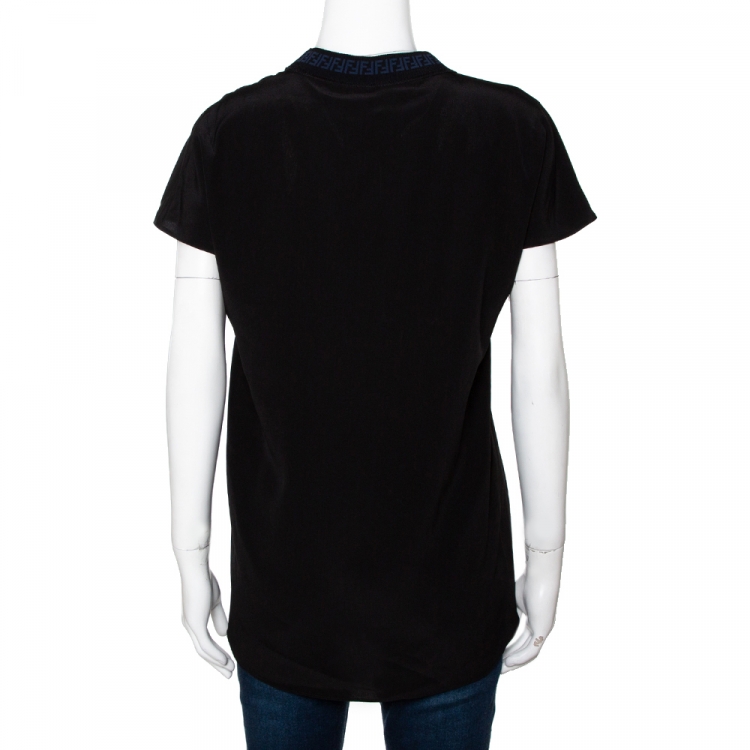 Pre Owned Fendi Black Silk Ribbed Logo Neck Trim Detail Top S